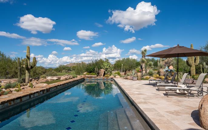 The elongated lap pool and stone terrace among sculptural desert plantings.